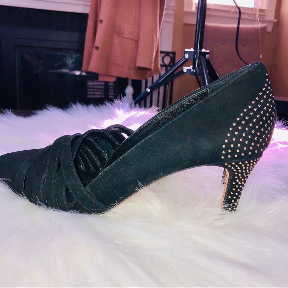Rebecca Minkoff black suede studded heels sz 9